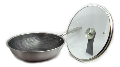 Wok De Acero Inoxidable Con Tapa 30 Cm Y Antiadherente Color Gris