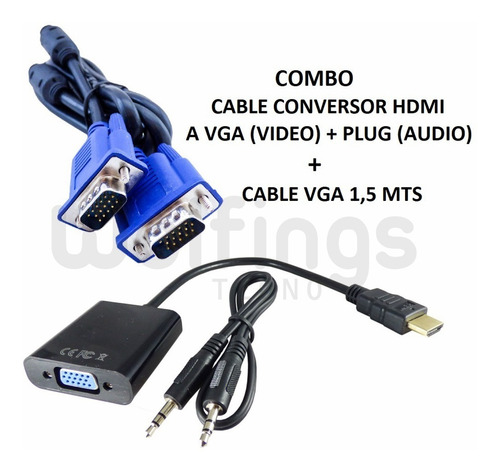 Combo Adaptador Conversor Hdmi A Vga + Plug + Cable Vga 1,5m