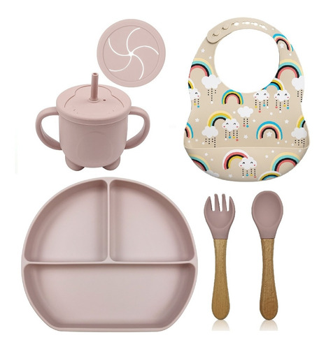 Set Alimentacion Bebe Silicona Completo Plato Triple Estampa