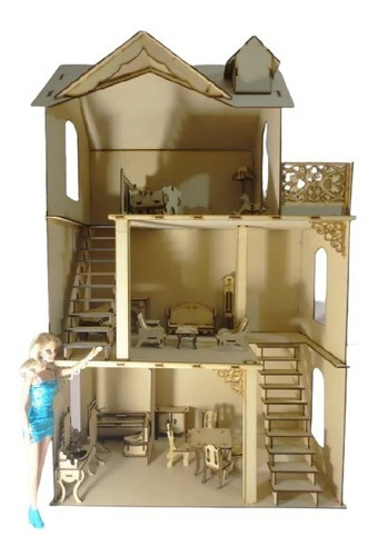 Imagen 2 de 10 de Casa De Muñecas California + Kit 23 Muebles Madera Mdf