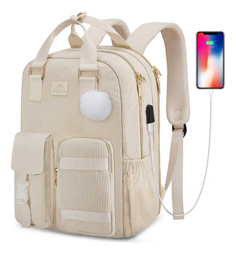 Mochila Corduroy Matein Urbana 30 L Portalaptop 15.6 Mujer Color Beige Diseño De La Tela Liso