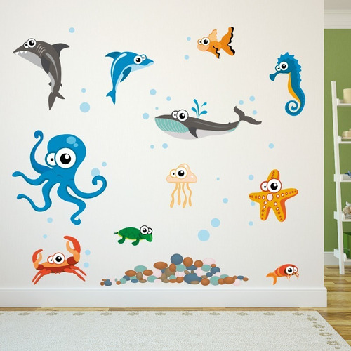 Vinilo Decorativo Infantil Animalitos-i 05 Acuario, Peces. Color Multicolor
