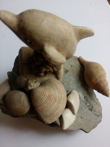 Escultura De Delfin Sobre Roca Con Olas Conchas Caracol Mar Verde (Usado)