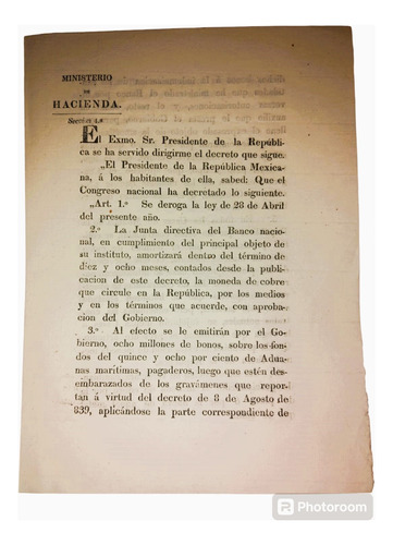Ministerio De Hacienda/ Moneda De Cobre. 1841