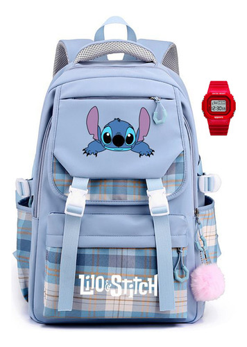 Nueva Mochila Estudiante Lilo Y Stitch Reforzada + Reloj