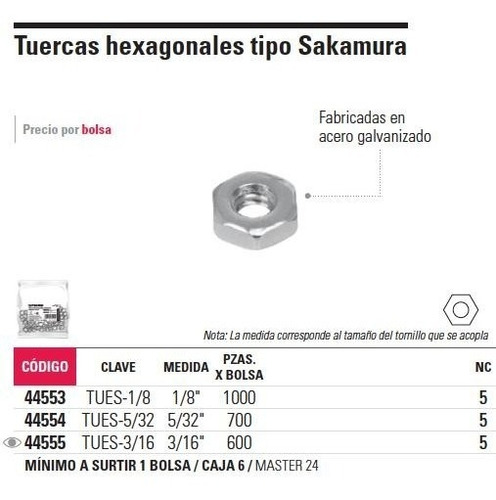 Imagen 2 de 4 de Tuerca Hexagonal Tipo Sakamura 5/32' Fiero 44554