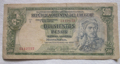 Antiguo Billete Uruguay 500 Pesos 1939
