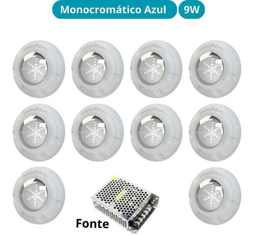 Kit Iluminação Azul Piscina 160m² 10 Leds Com Fonte Luxpool