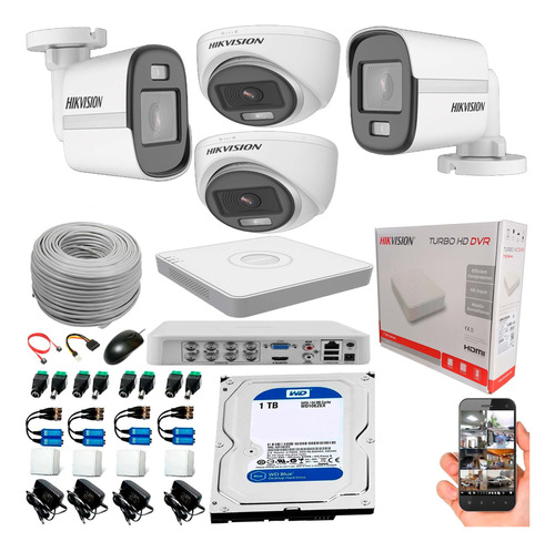 Kit Hikvision  Dvr 8 Ch+ 4 Cámaras Color Vu