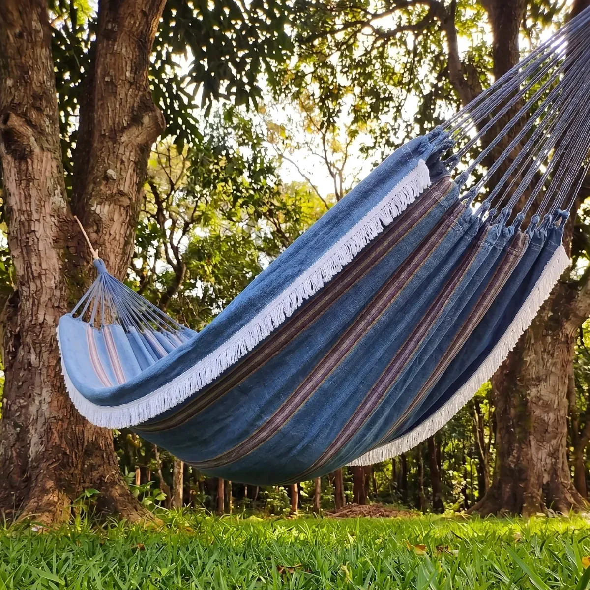 Rede Dormir Descanso Jeans Casal Grande Reforçada Nordestina Cinzão Listrado