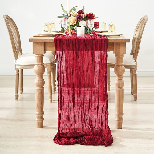 2pzs Caminos De Mesa Gasa Elegante Boho Decoración Boda Color Nude Red Mantel Decorativo Ruffled Mantel Decoración de Mesa Celebración de Cumpleaños Decoración de Estilo Vintage