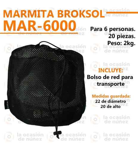 Marmita Broksol Mochilero 6 Personas Camping Set Cocina 20pz