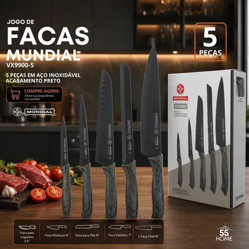 Jogo De Facas Mundial 5 Peças Em Aço Inoxidável Preto Vx9900-5