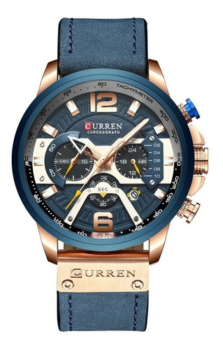Reloj pulsera Curren 8329 con correa de cuero color azul - bisel azul/gris/negro