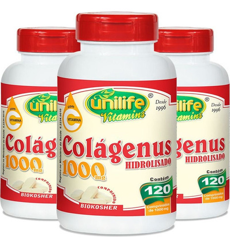 Kit Com 3 Colágeno Hidrolisado 1000mg 120 Cápsulas Unilife