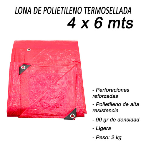Lona De Polietileno Termosellada Reforzada Roja 90 Gr 4x6 M