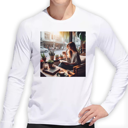 Remera Hombre Ml Chica Tomando Cafe Plantas Bar Relax Paz