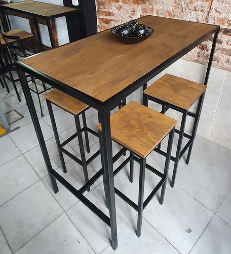 Imagen 3 de 5 de Mesa Barra Bar Hierro Madera 120x60 + 4 Taburetes Cerveza