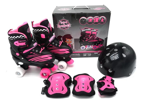 Patins Infantil 4 Rodas Preto/rosa Ajustavel C/ Kit + Brinde