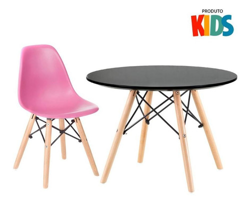Kit Mesa Eames Infantil  E 1 Cadeira  Eames Junior Cor da tampa Mesa preto com cadeiras rosa