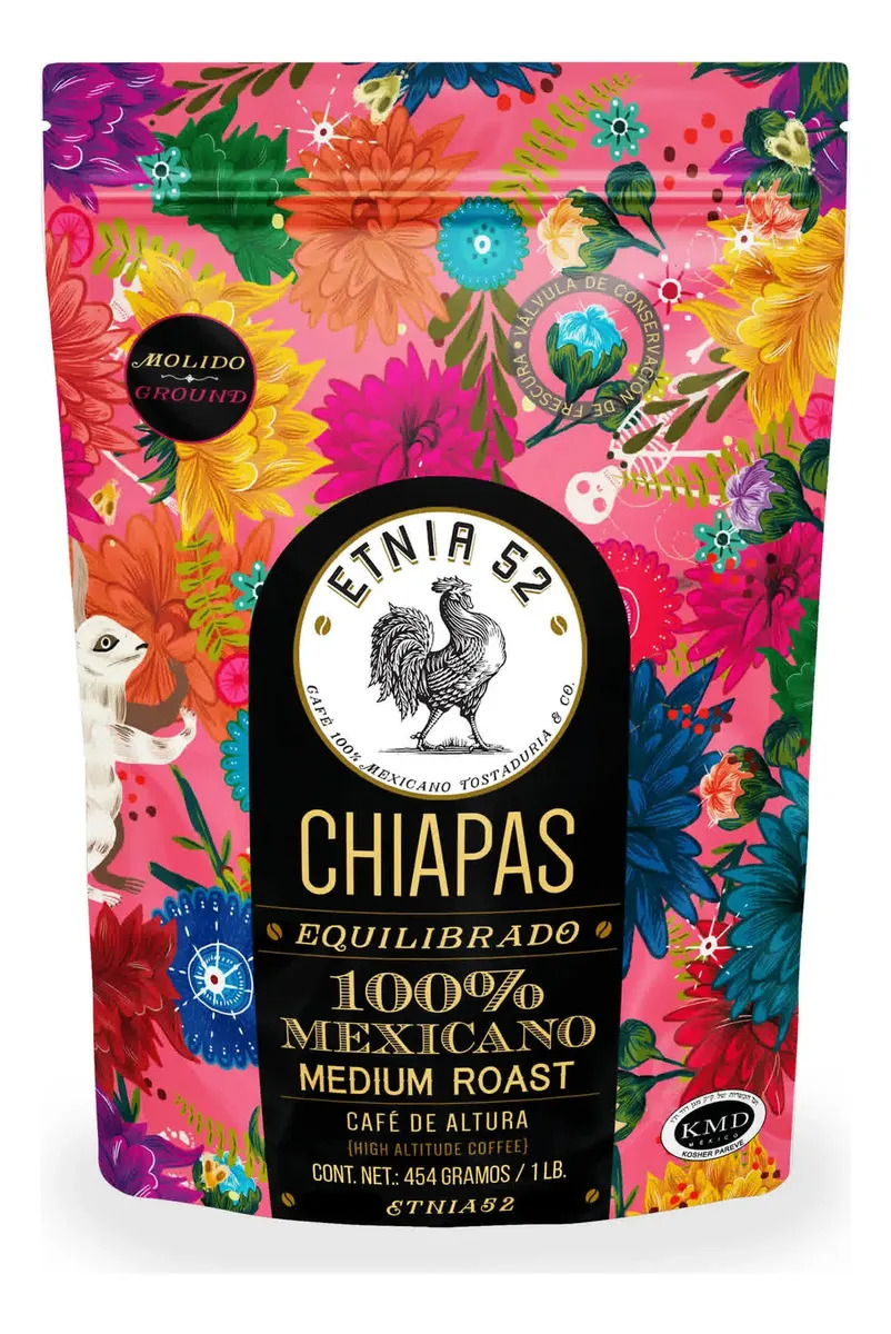 Café ETNIA 52 Molido de Altura Chiapas | 454gr | Tostado Medio | Cuerpo Medio | Certificación Kosher | Notas a Nuez, Miel y Caramelo | Cafe para Cafetera | ETNIA 52