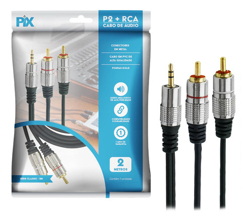 Cabo Auxiliar P2 Estereo X 2rca Blindado Profissional 2m