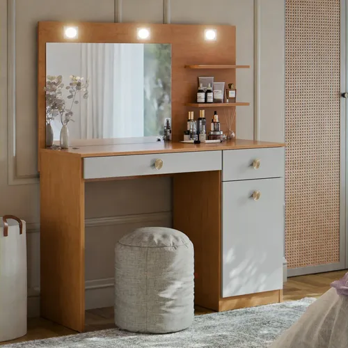 Penteadeira Camarim Jolie Com Espelho Grande E Led 2 Gavetas E Porta Cor Nature Off White