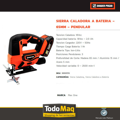 Sierra Caladora A Bateria 18v 65mm Pendular Dowen Pagio 3170