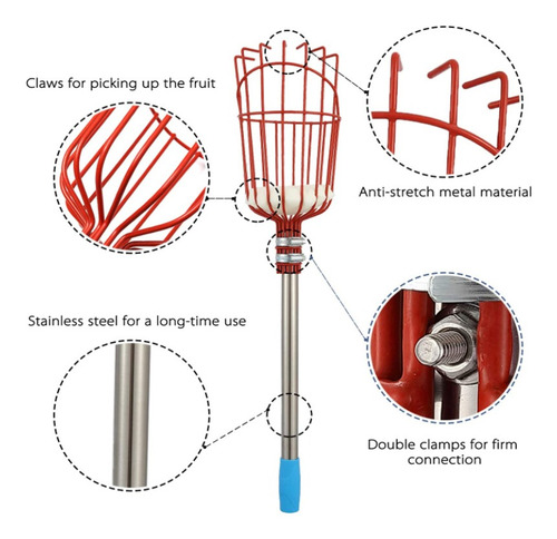 Imagen 4 de 8 de Recolector De Frutas Ajustable Con Cesta De Metal Giratoria