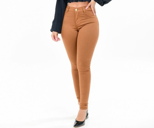 Calça Jeans Cós Alto Caramelo Skinny Hot Pant Marrom