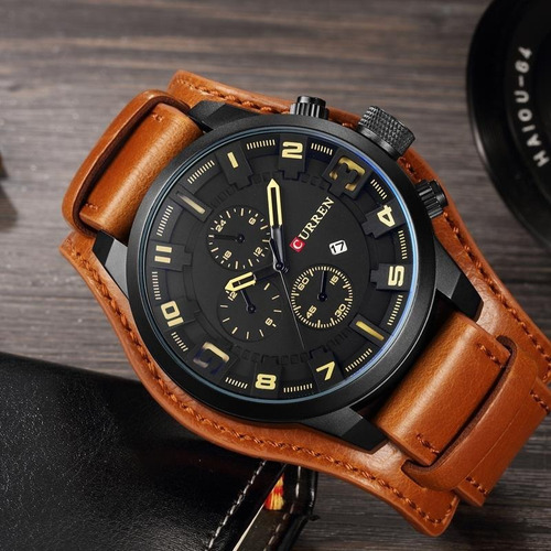 Relogio Curren 8225 Couro Bracelete Marron E Fundo Preto