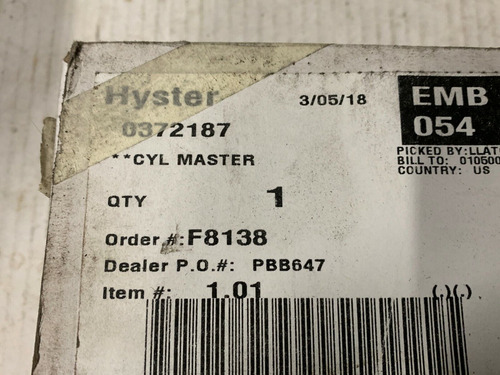 Hyster Forklift Master Cylinder P/n 0372187 Mma