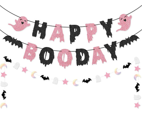 Pink Black Happy Boo Day Banner Guirnalda Para Decoraciones