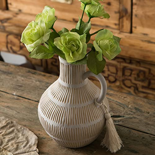 Mowtanco Jarrón De Cerámica Rústico Para Decoración Del Hogar, Jarrones Decorativos De Granja Para Zacate De Las Pampas, Jarrón De Terracota Con Diseño De Borlas, Jarrón De Flores Con Asa, Jarrón De