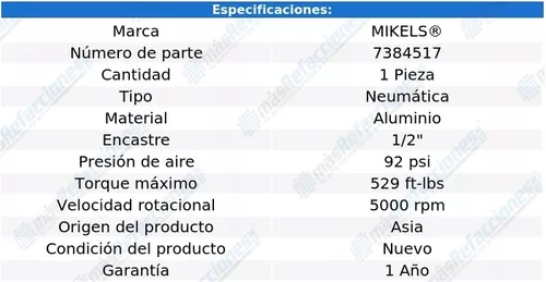 PISTOLA IMPACTO NEUMATICA 1/2 529 pie/lb - Mikels México, tienda en línea  Mikels