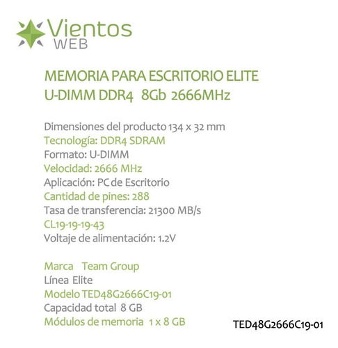 Memoria Ram 8gb 2666mhz Ddr4 (1x8gb) Team Elite Pc U-dimm