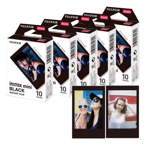 Kit 50 Filmes Papel Para Instax Mini Com Moldura Preta Black