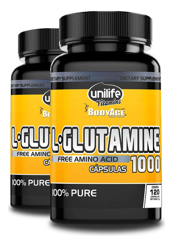 Kit 2 L-glutamina 100% Pura 120 Cápsulas Unilife. Sabor Neutro