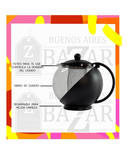 Imagen 3 de 6 de Tetera Vidrio Plastico Con Filtro Para Te En Hebras 1250 Ml