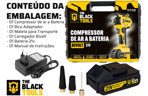 Compressor De Ar A Bateria 21v Bomba De Encher Pneus Portátil Para Carro Bicicleta Motocicletas Com Calibrador Tct21b The Black Tools