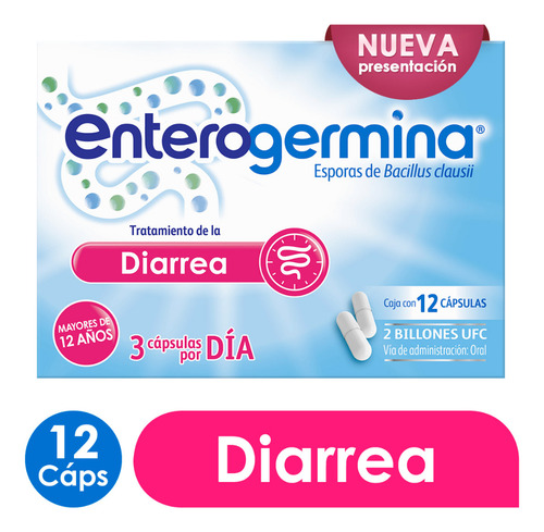 Enterogermina Tratamiento de la Diarrea con Bacillus Clausii 2 Billones de UFC 12 cápsulas. Alivia la Diarrea, Restaura la Flora Intestinal +12 Años