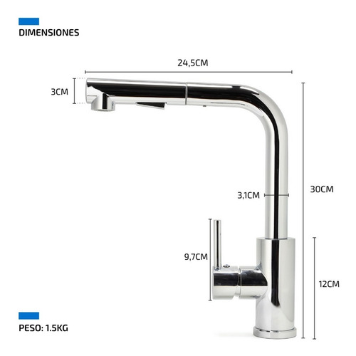 Imagen 5 de 10 de Griferia Para Cocina Monocomando Extensible Canilla De Acero