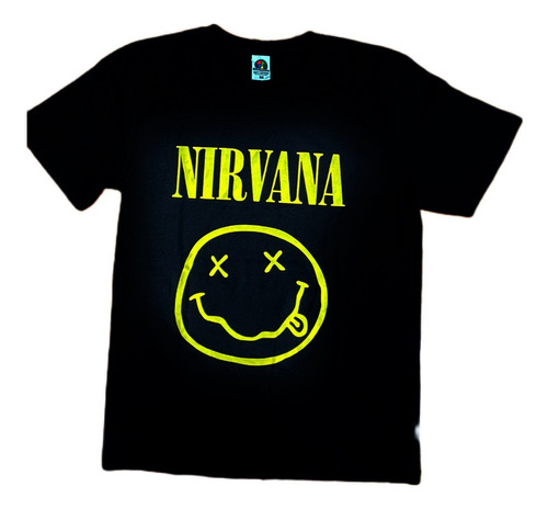 Polera Nirvana Logo Amarillo Doble Estampado Negra