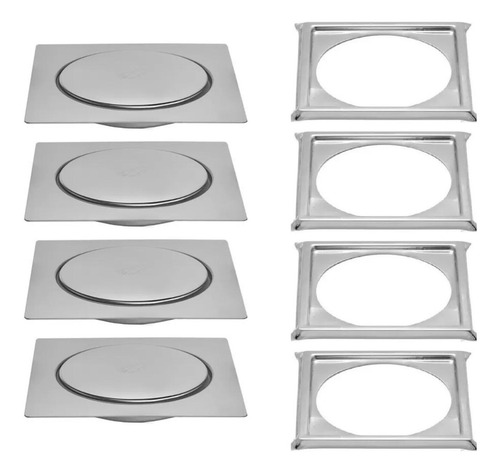 Kit 4 Ralos Click Quadrado Up Inox 10x10 Cm + 4 Porta Grelha
