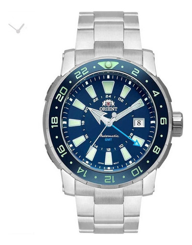 Relógio Orient Masculino Automático Gmt Nh3ss003 Azul 300m Cor da correia Prateado