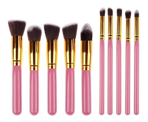 Set 10 Brochas Maquillaje Kabuki Gugus Makeup Profesional Color Pink-Gold