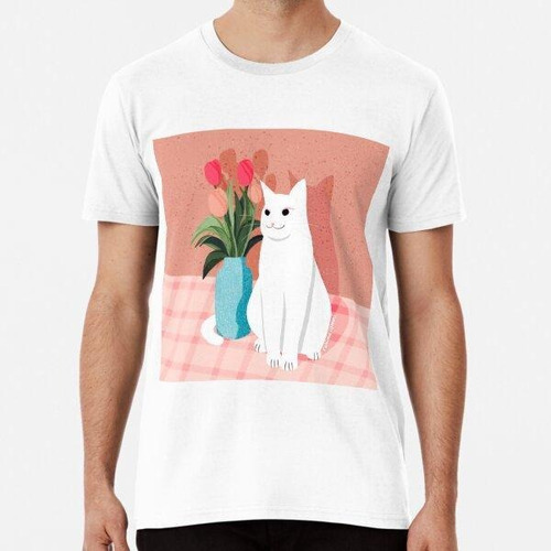 Remera White Cat With Tulip Vase - Peach Algodon Premium 