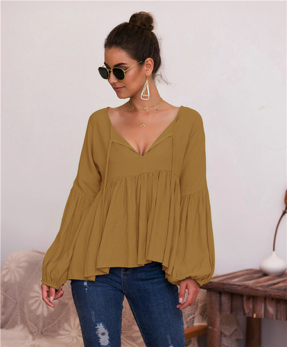 Blusa Con Cuello En V De Color Liso Y Mangas Abullonadas