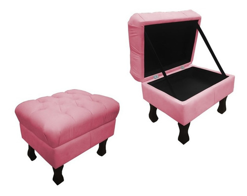 Puff Puf Baú Decorativo Luiz Xv Capitonê Suede Cinza Retrô Pés Madeira Luxo Cor Rosa