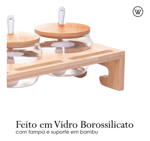 Porta Temperos de Vidro Borossilicato com Tampa e Suporte de Bambu Conjunto Com 3 Potes de 230ml - Wolff
